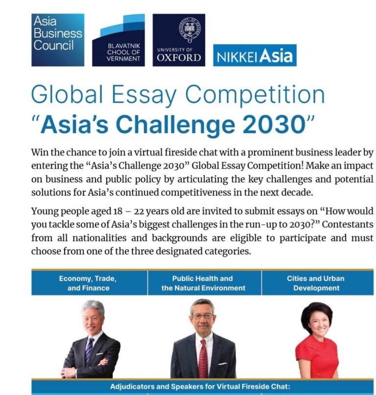 “How would you tackle some of Asia’s biggest challenges in the run-up to 2030?” Join the Youth Global Essay Competition “Asia’s Challenge 2030”